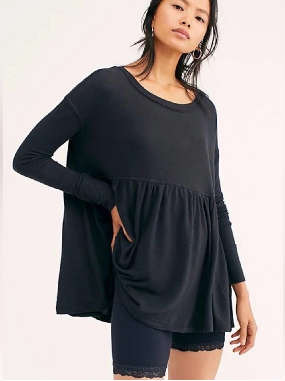Free People Forever Your Girl Oversized Babydoll Long Sleeve Tee Black Size XL